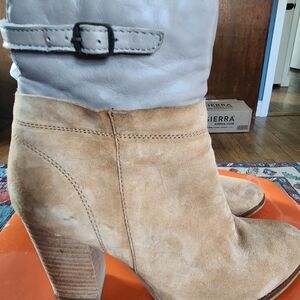 Seychelle Tan and Gray Women's Suede Boots With Wood Stacked Heel.